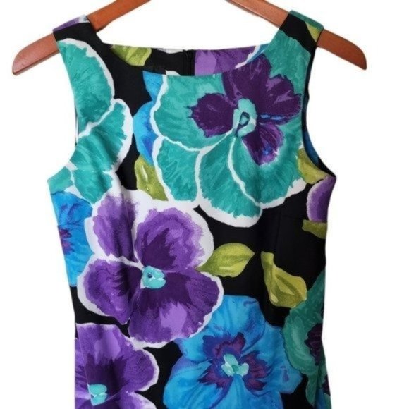ABStudio Sleeveless Tank‎ Dress Violet Flower Size 6 Floral Black Casual - Picture 3 of 10